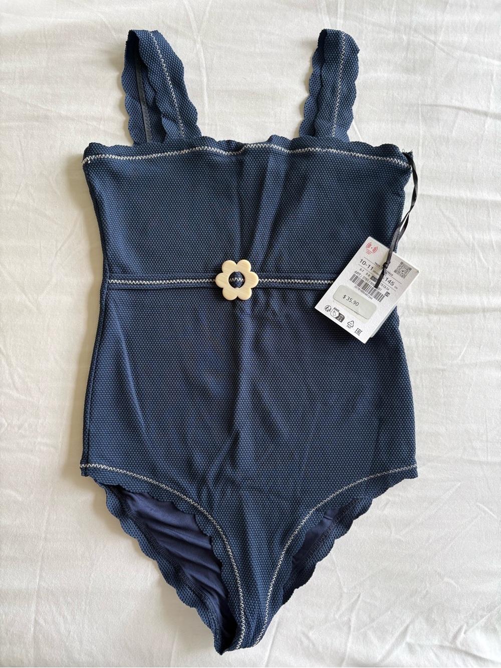 Zara Girls Navy One-Piece Swimsuit with Cream Flower Detail